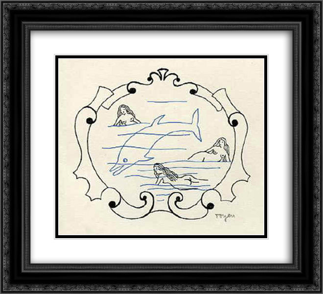A Dolphin and Three Nymfs 22x20 Black Ornate Wood Framed Art Print Poster with Double Matting by Toyen