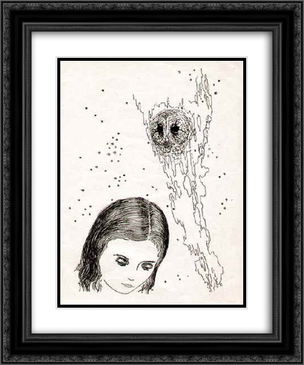A Girl, an Owl and Stairs 1934 20x24 Black Ornate Wood Framed Art Print Poster with Double Matting by Toyen