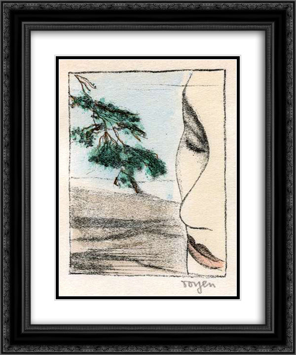 A Girl Profile with a Branch 20x24 Black Ornate Wood Framed Art Print Poster with Double Matting by Toyen