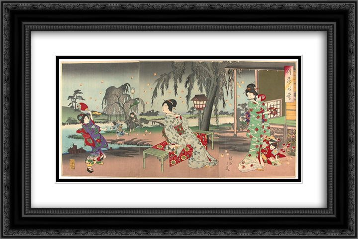 Fireflies at a country house 24x16 Black Ornate Wood Framed Art Print Poster with Double Matting by Toyohara, Chikanobu
