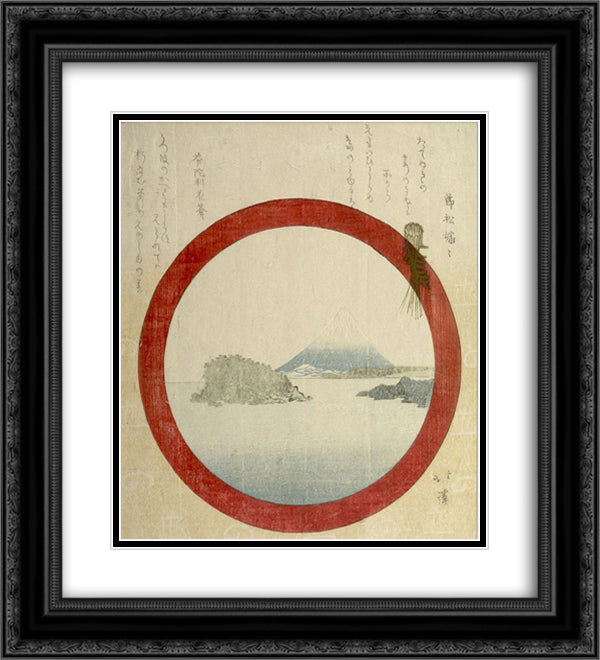 FUJI AND ENOSHIMA THROUGH A ROUND WINDOW 20x22 Black Ornate Wood Framed Art Print Poster with Double Matting by Hokkei, Toyota