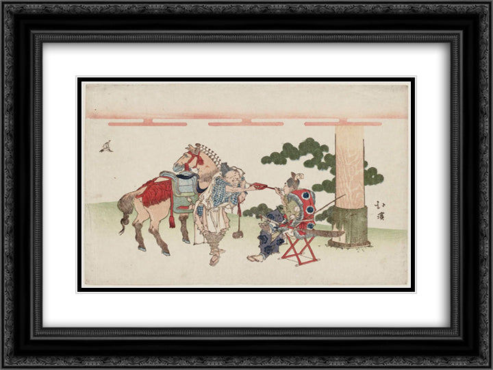 Shrine Attendants Smoking 24x18 Black Ornate Wood Framed Art Print Poster with Double Matting by Hokkei, Toyota