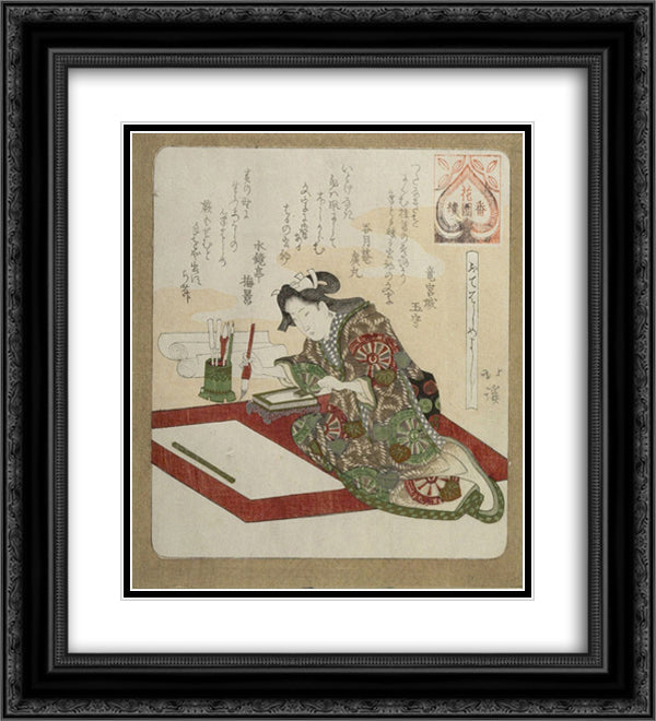 Woman Preparing for the First Calligraphy of the Year (Kakizome) 20x22 Black Ornate Wood Framed Art Print Poster with Double Matting by Hokkei, Toyota