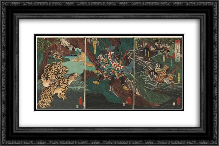 Kato Kiyomasa hunting tigers in Korea during the Imjim war 24x16 Black Ornate Wood Framed Art Print Poster with Double Matting by Yoshitoshi, Tsukioka