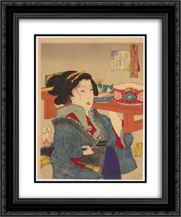 Looking weighed-down - The appearance of a waitress at Fukagawa in the Tempo era 20x24 Black Ornate Wood Framed Art Print Poster with Double Matting by Yoshitoshi, Tsukioka