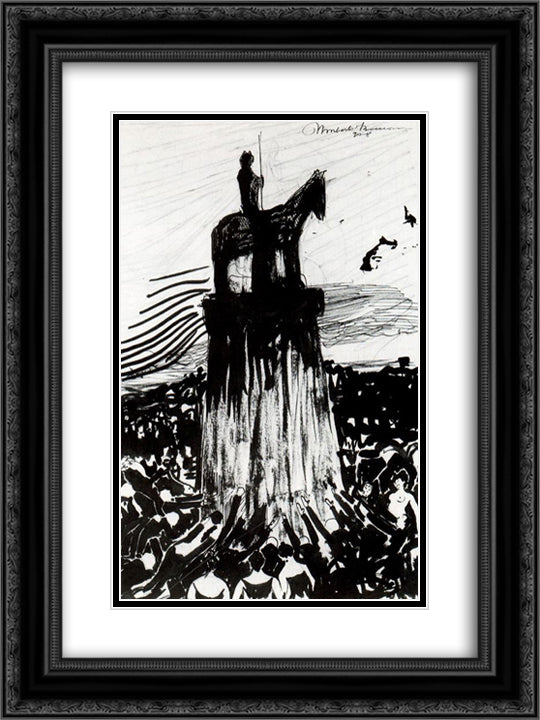 Agitate Crowd Surrounding a High Equestrian Monument 18x24 Black Ornate Wood Framed Art Print Poster with Double Matting by Boccioni, Umberto
