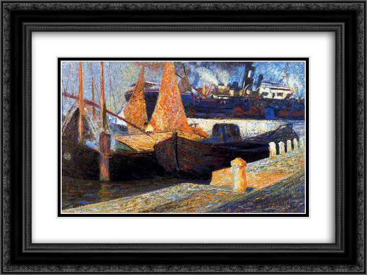 Boats in Sunlight 24x18 Black Ornate Wood Framed Art Print Poster with Double Matting by Boccioni, Umberto