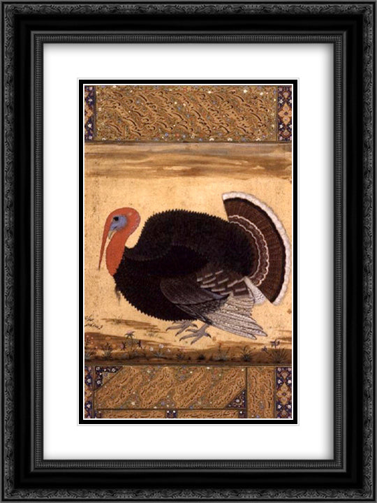 A turkey-cock brought to Jahangir from Goa in 1612 18x24 Black Ornate Wood Framed Art Print Poster with Double Matting by Mansur, Ustad