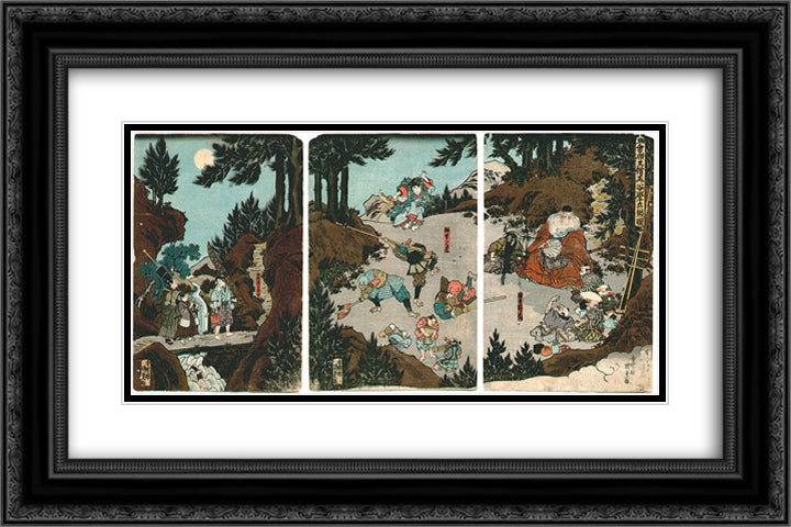 Ushiwaka-maru training with the tengu 24x16 Black Ornate Wood Framed Art Print Poster with Double Matting by Kunisada, Utagawa