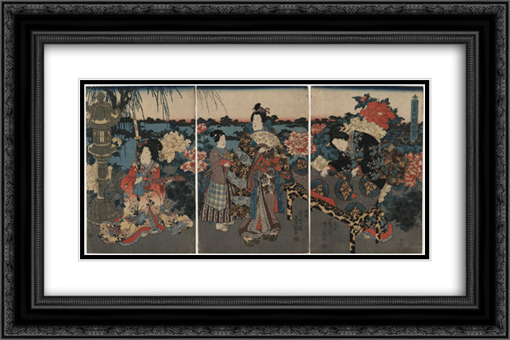 Visit to a peony garden 24x16 Black Ornate Wood Framed Art Print Poster with Double Matting by Kunisada, Utagawa