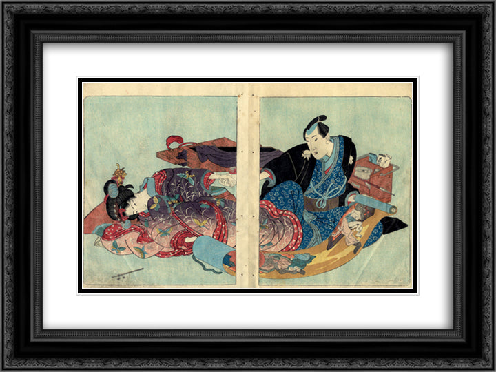 Four seasons Spring, Summer, Autumn, Winter 24x18 Black Ornate Wood Framed Art Print Poster with Double Matting by Kunisada II, Utagawa