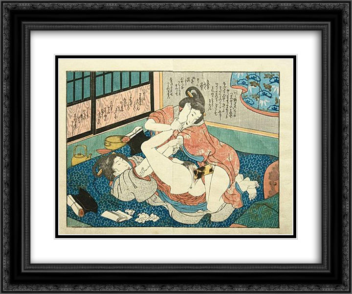 Lesbians having sex by a harikata (dildo) 24x20 Black Ornate Wood Framed Art Print Poster with Double Matting by Kunisada II, Utagawa