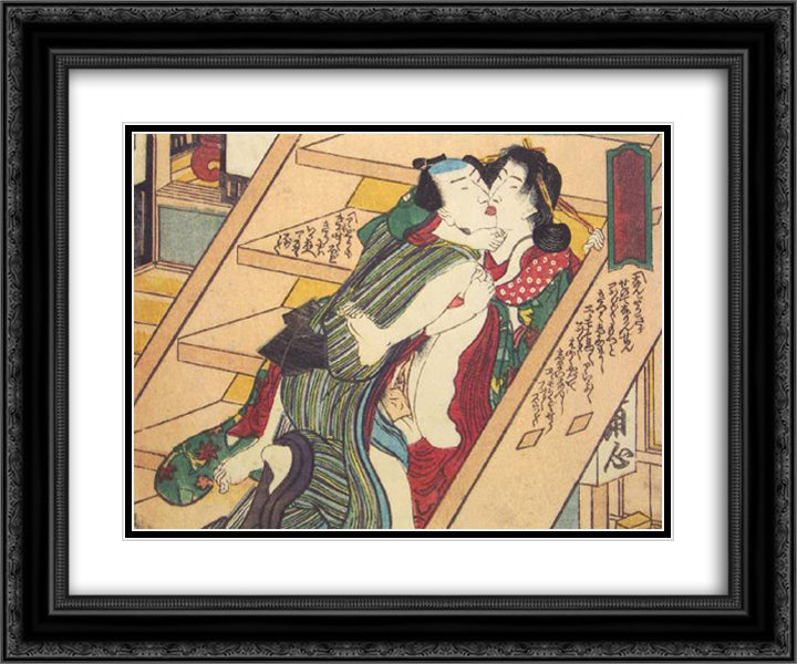 On the Stairs 24x20 Black Ornate Wood Framed Art Print Poster with Double Matting by Kunisada II, Utagawa