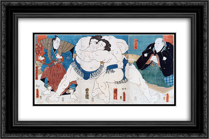 Sumo 24x16 Black Ornate Wood Framed Art Print Poster with Double Matting by Kunisada II, Utagawa