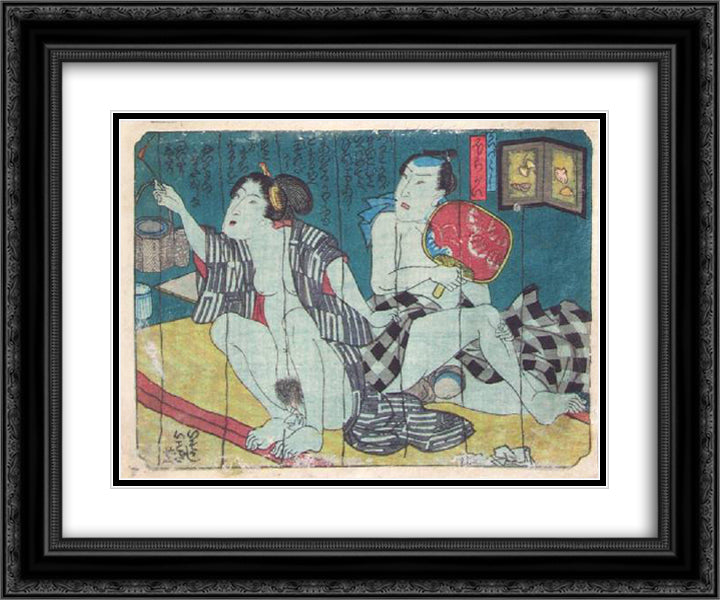The Mosquito Netting 24x20 Black Ornate Wood Framed Art Print Poster with Double Matting by Kunisada II, Utagawa