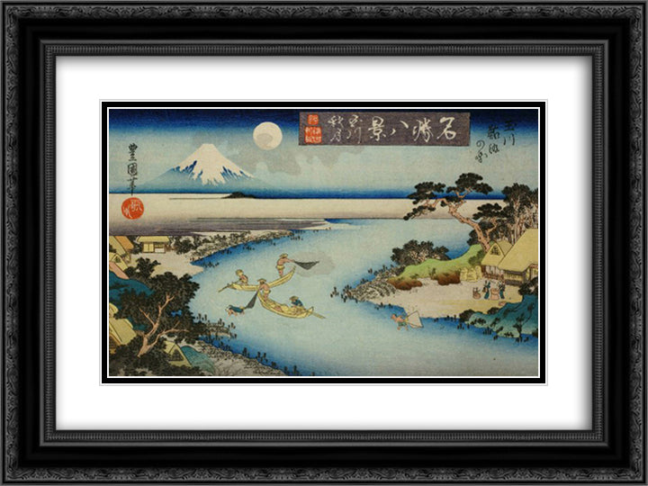 Autumn moon at Tamagawa, two boats fishing at night 24x18 Black Ornate Wood Framed Art Print Poster with Double Matting by Toyokuni, Utagawa
