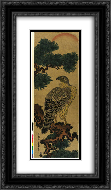 Kachoga. Falcon on a pine branch, rising sun above 14x24 Black Ornate Wood Framed Art Print Poster with Double Matting by Toyokuni, Utagawa