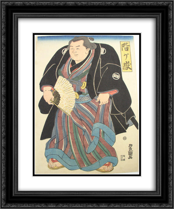 Sumo wrester in blue-brown striped underkimono 20x24 Black Ornate Wood Framed Art Print Poster with Double Matting by Toyokuni, Utagawa