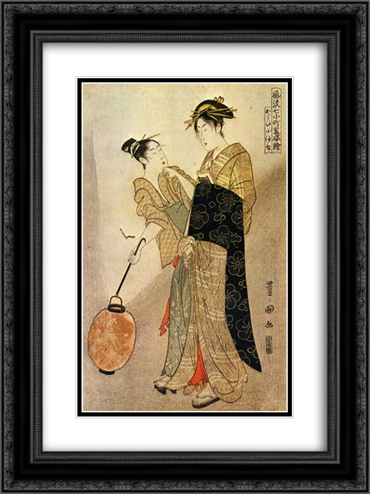 Courting Komachi 18x24 Black Ornate Wood Framed Art Print Poster with Double Matting by Toyokuni II, Utagawa