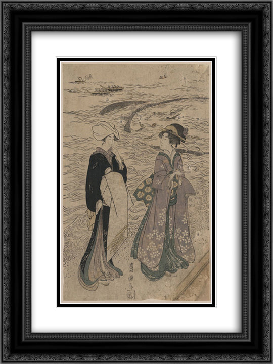 Fishing net 18x24 Black Ornate Wood Framed Art Print Poster with Double Matting by Toyokuni II, Utagawa