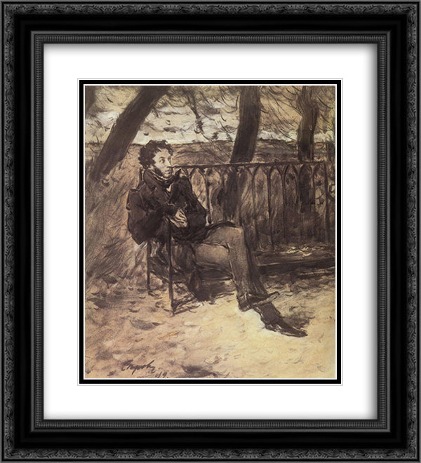 Alexander Pushkin in a Park 20x22 Black Ornate Wood Framed Art Print Poster with Double Matting by Serov, Valentin