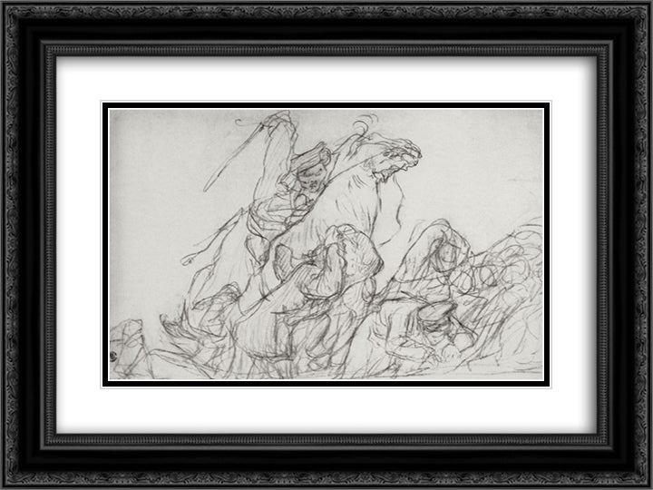 Dispersal of the Cossacks of demonstrators in 1905 24x18 Black Ornate Wood Framed Art Print Poster with Double Matting by Serov, Valentin