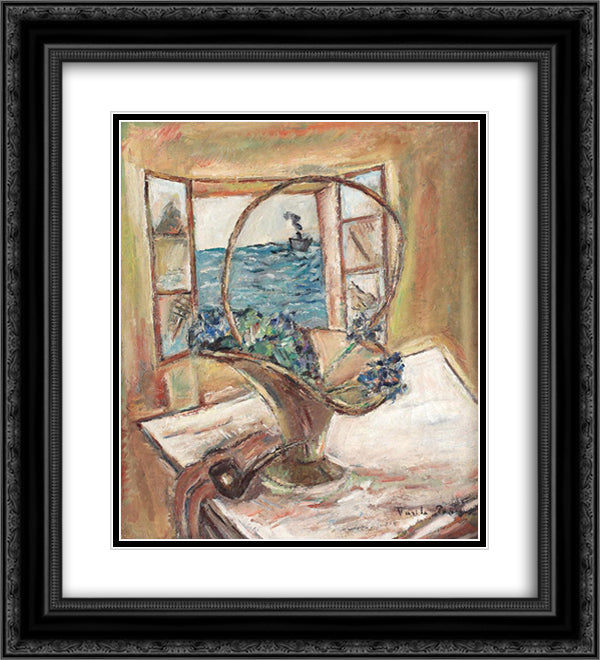 Still Life with Pipe and Basket Full of Violets 20x22 Black Ornate Wood Framed Art Print Poster with Double Matting by Popescu, Vasile