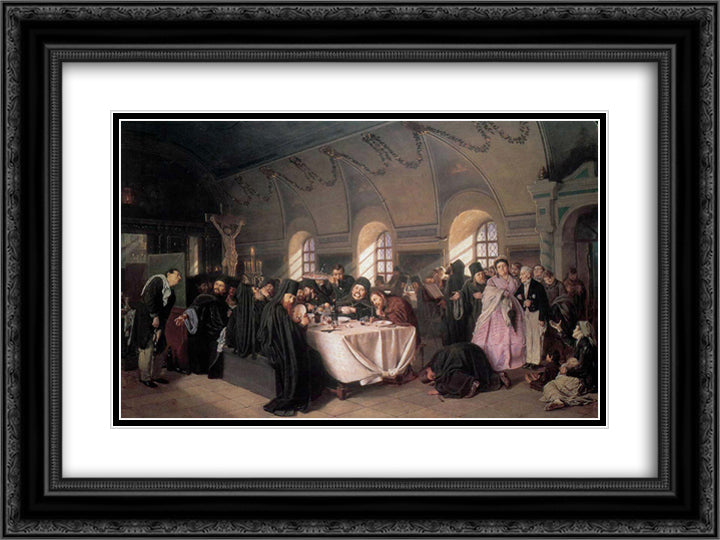 A Meal in the Monastery 24x18 Black Ornate Wood Framed Art Print Poster with Double Matting by Perov, Vasily