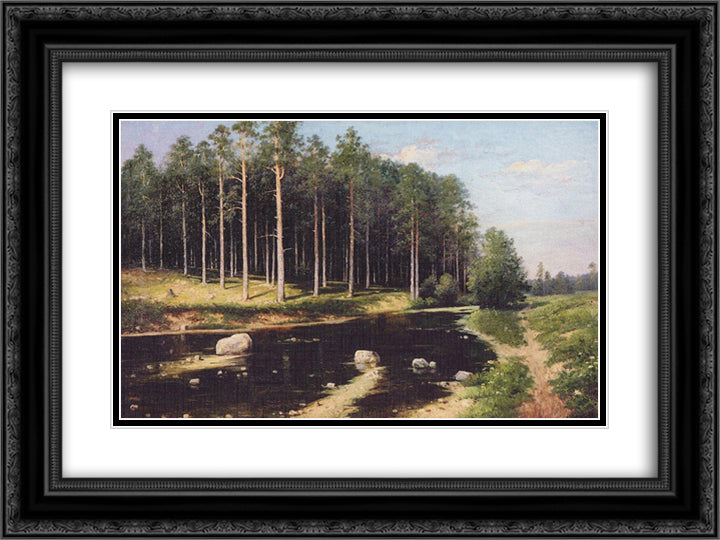 Pine Forest on the banks of the river 24x18 Black Ornate Wood Framed Art Print Poster with Double Matting by Polenov, Vasily