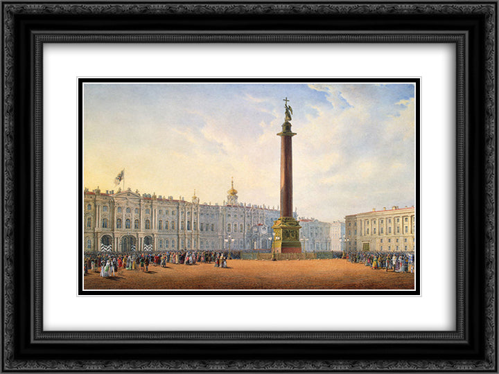 View of Palace Square and Winter Palace in St. Petersburg 24x18 Black Ornate Wood Framed Art Print Poster with Double Matting by Sadovnikov, Vasily