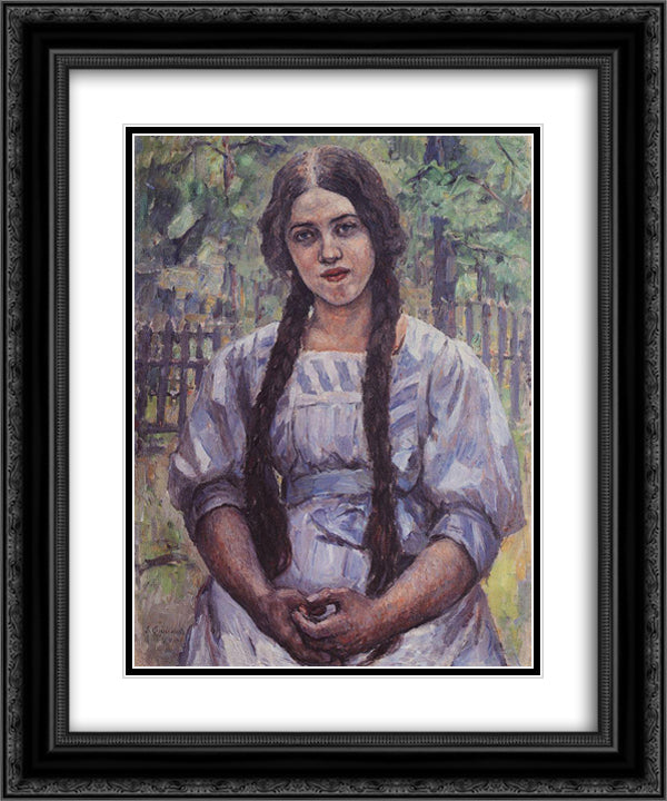 A girl with braids. Portrait of A. A. Dobrinskaya. 20x24 Black Ornate Wood Framed Art Print Poster with Double Matting by Surikov, Vasily