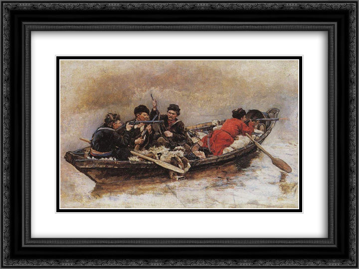 Cossacks in boat (Study to The Conquest of Siberia by Yermak) 24x18 Black Ornate Wood Framed Art Print Poster with Double Matting by Surikov, Vasily