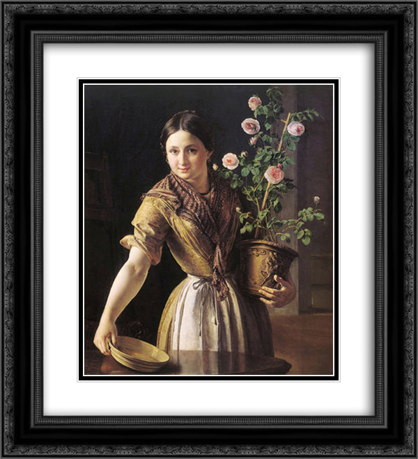 A girl with a pot of roses 20x22 Black Ornate Wood Framed Art Print Poster with Double Matting by Tropinin, Vasily