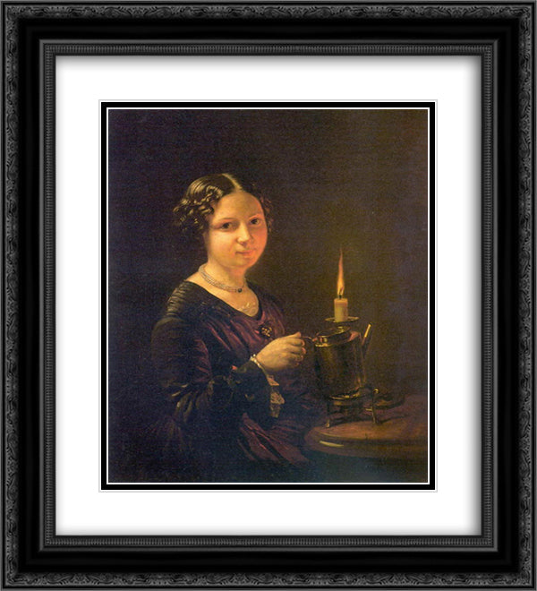 Girl with a candle 20x22 Black Ornate Wood Framed Art Print Poster with Double Matting by Tropinin, Vasily
