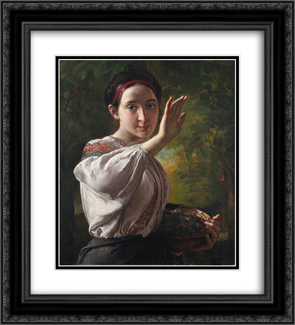 Girl with plums 20x22 Black Ornate Wood Framed Art Print Poster with Double Matting by Tropinin, Vasily