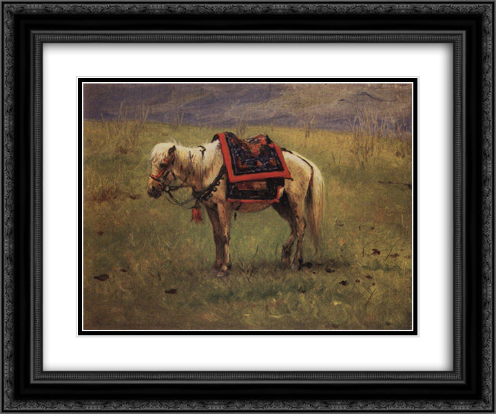 Himalayan ponies 24x20 Black Ornate Wood Framed Art Print Poster with Double Matting by Vereshchagin, Vasily