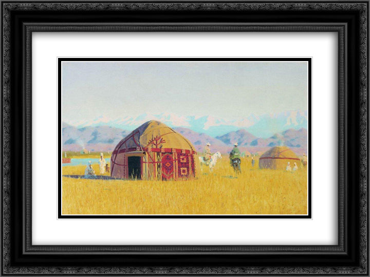 Kyrgyz tent on the Chu River 24x18 Black Ornate Wood Framed Art Print Poster with Double Matting by Vereshchagin, Vasily