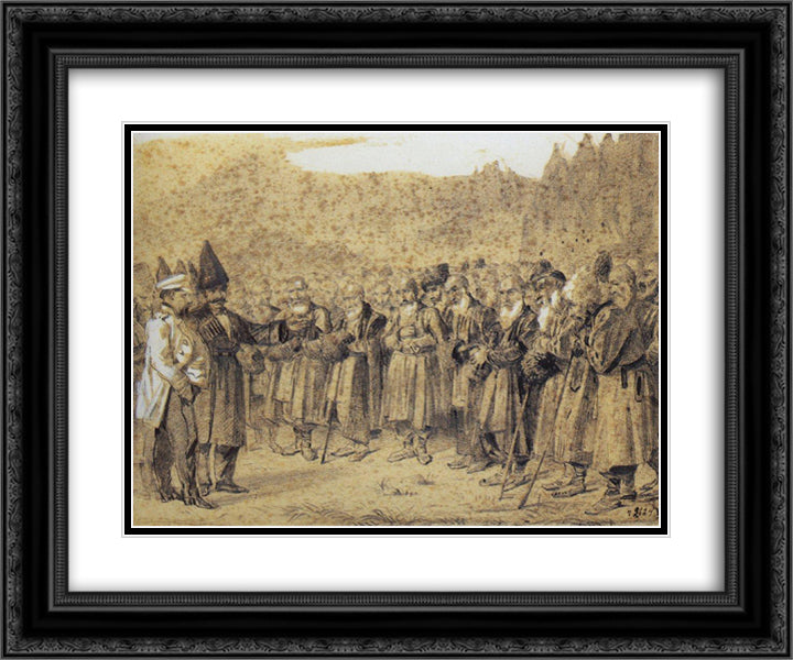 Presentation of the bosses (Russian officer and Caucasians) 24x20 Black Ornate Wood Framed Art Print Poster with Double Matting by Vereshchagin, Vasily