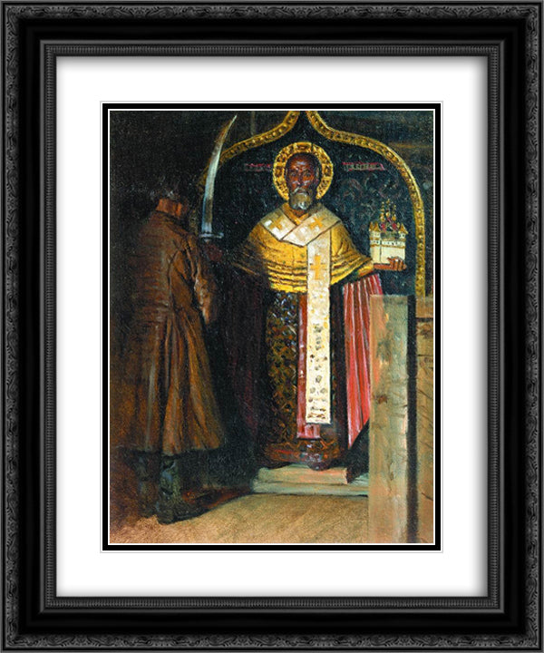 The icon of St. Nicholas with headwater Pinega 20x24 Black Ornate Wood Framed Art Print Poster with Double Matting by Vereshchagin, Vasily