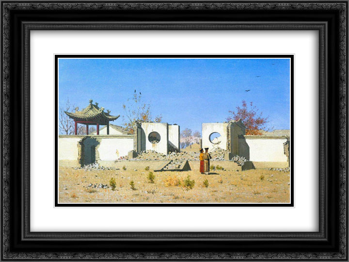 The ruins of the Chinese shrine. Ak-Kent 24x18 Black Ornate Wood Framed Art Print Poster with Double Matting by Vereshchagin, Vasily