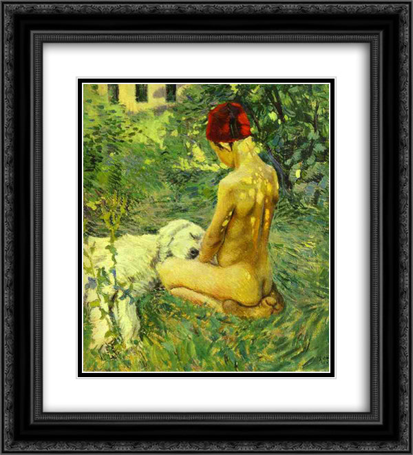 Boy with a Dog 20x22 Black Ornate Wood Framed Art Print Poster with Double Matting by Borisov Musatov, Victor