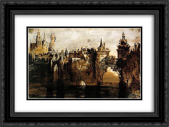Ville avec le pont de Tumbledown 24x18 Black Ornate Wood Framed Art Print Poster with Double Matting by Hugo, Victor