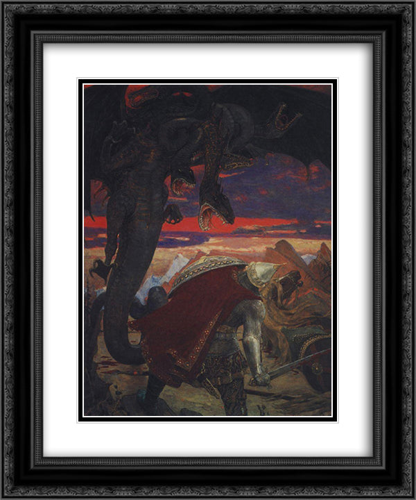 Fight Dobrynya Nikitich with seven headed serpent Hydra 20x24 Black Ornate Wood Framed Art Print Poster with Double Matting by Vasnetsov, Viktor