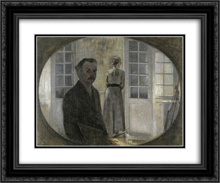 Double portrait of the artist and his wife seen through a mirror 24x20 Black Ornate Wood Framed Art Print Poster with Double Matting by Hammershoi, Vilhelm