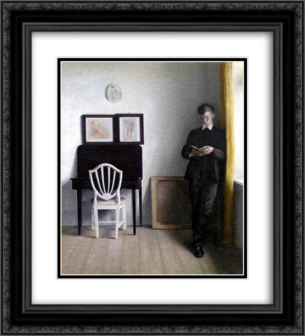 Interior with Young Man Reading 20x22 Black Ornate Wood Framed Art Print Poster with Double Matting by Hammershoi, Vilhelm