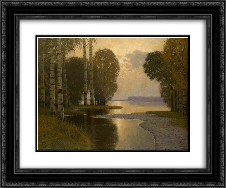 Landscape with Birch trees 24x20 Black Ornate Wood Framed Art Print Poster with Double Matting by Purvitis, Vilhelms