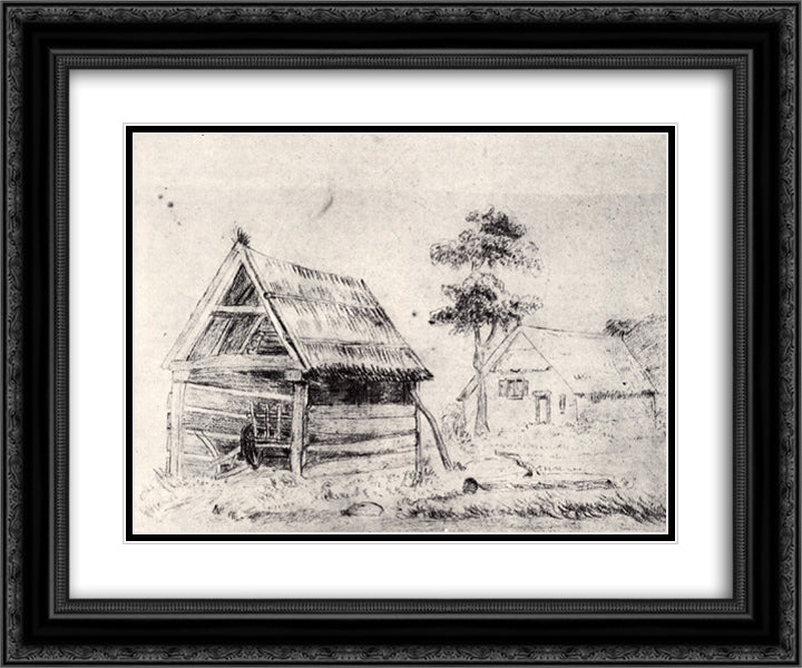 Barn and Farmhouse 24x20 Black Ornate Wood Framed Art Print Poster with Double Matting by Van Gogh, Vincent