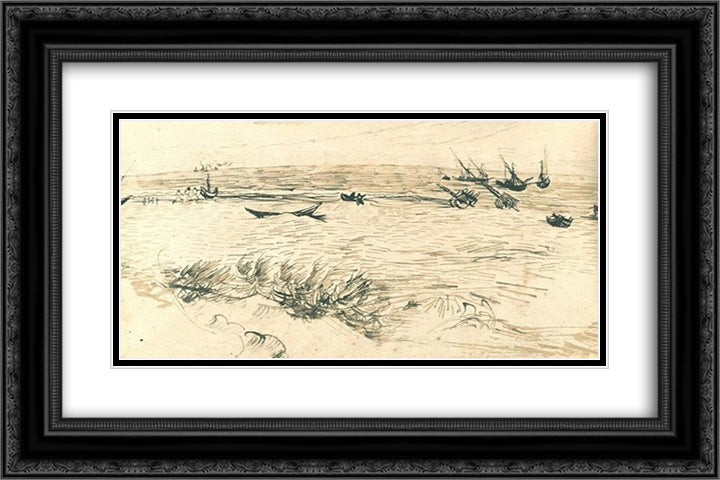 Beach, Sea, and Fishing Boats 24x16 Black Ornate Wood Framed Art Print Poster with Double Matting by Van Gogh, Vincent