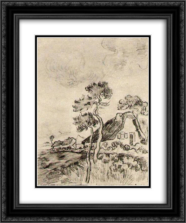 Cottages and Trees 20x24 Black Ornate Wood Framed Art Print Poster with Double Matting by Van Gogh, Vincent