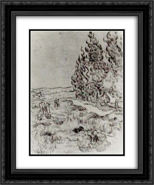 Cypresses with Four People Working in the Field 20x24 Black Ornate Wood Framed Art Print Poster with Double Matting by Van Gogh, Vincent